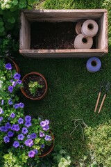 Gardening tools and potted plants arranged on lush green grass under bright sunlight
