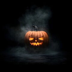 Haunting jack o  lantern with a malevolent expression the flickering light within casting a foreboding shadow set against a pitch black background dark and moody