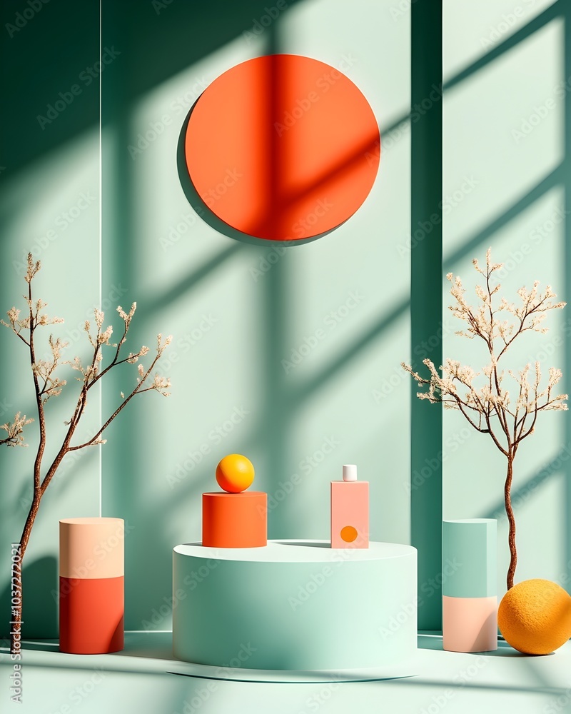 Poster minimalist 3d product display scene featuring a white studio with a pastel gradient backdrop and win