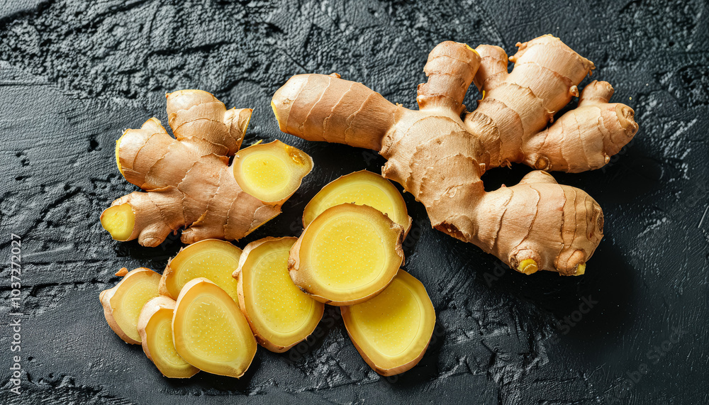 Poster bunch of ginger root and ginger slices are displayed on a dark surface. the ginger root is whole and