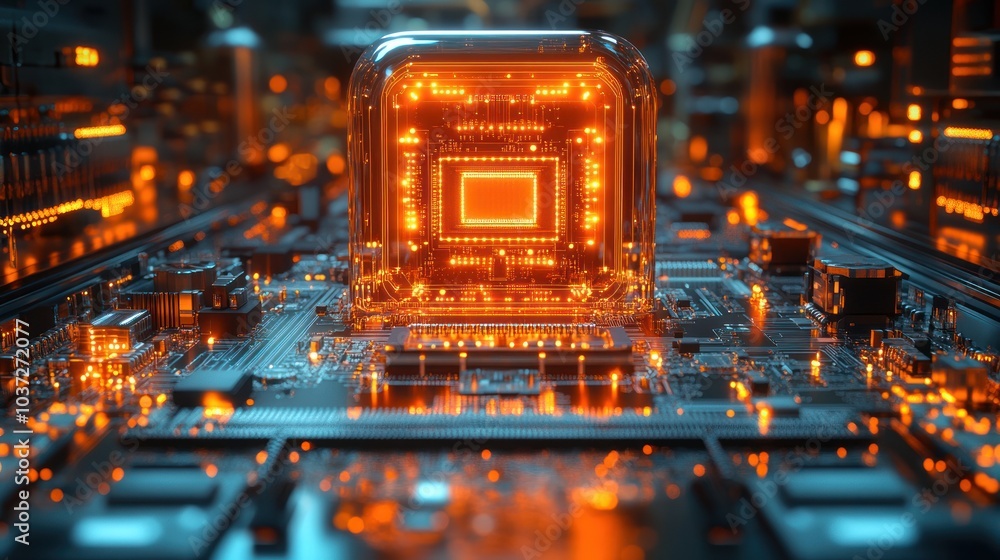Poster futuristic computer chip glowing in a circuit board environment.