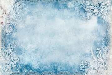 A light blue, frozen, vintage scrapbook paper with a lace border. The center is blank for writing and has small ice crystals, delicate florals