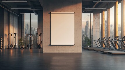 Modern gym interior with empty white poster on wall, equipment and city view