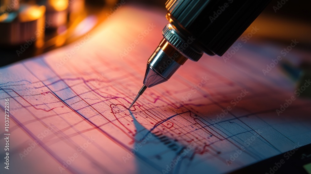 Poster a close-up of a pen drawing on a graph paper with red lines, highlighting data analysis.