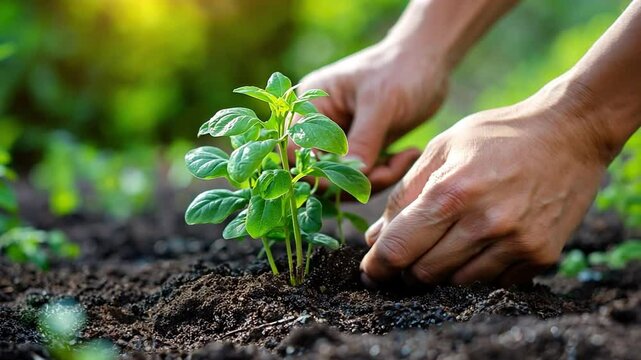 A community gardener planting trees to encourage the production of locally grown food.
