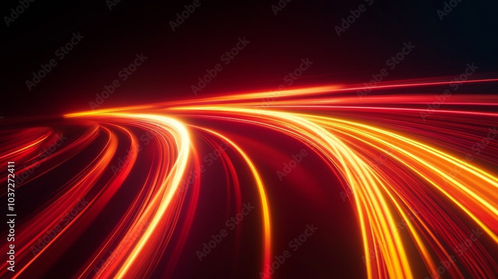 Poster Speed and Motion. Abstract Red and Yellow Light Trails on a Dark Background