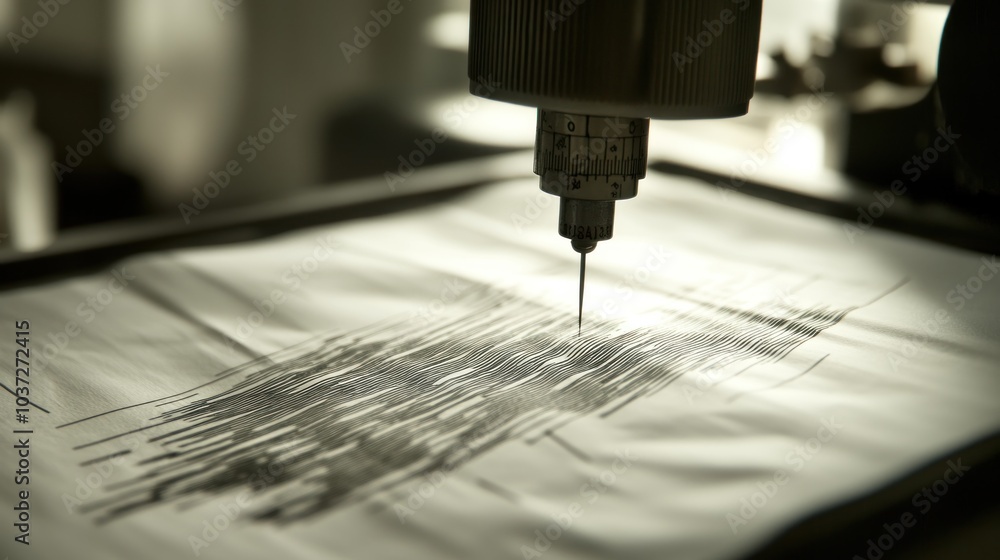 Poster a precision tool creating lines on a sheet, showcasing a technical process in action.