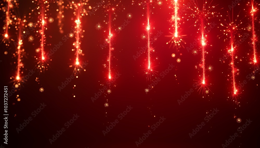Poster Sparkling red fireworks cascading down against a deep red background with copy space