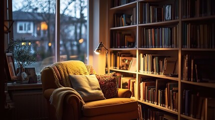 Cozy Reading Nook in a Warm Library Setting