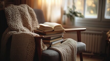 Cozy Chair with Books and Soft Blanket