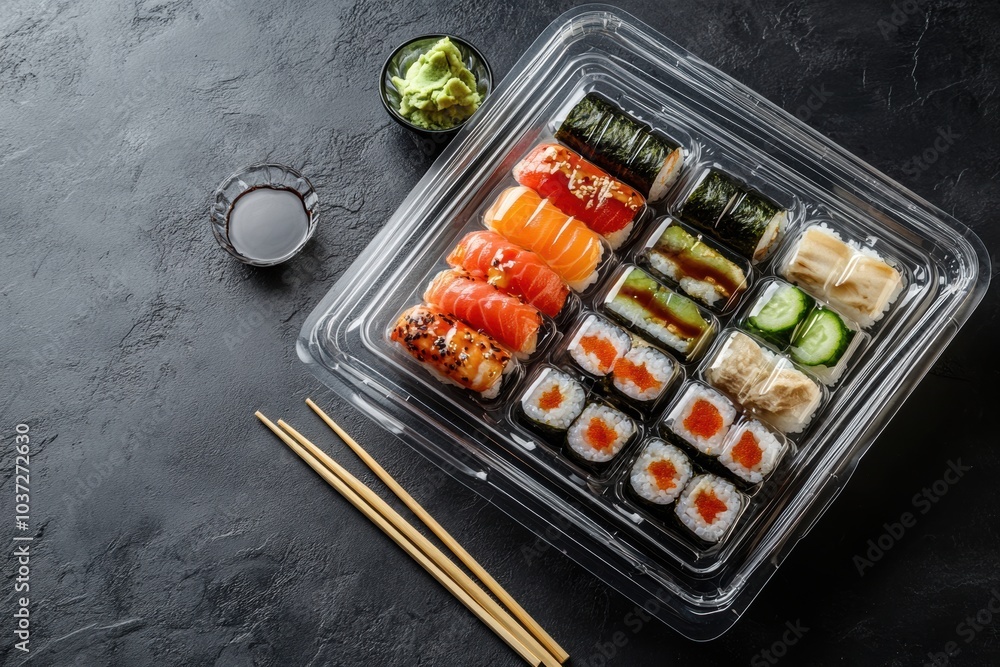 Poster an enticing assortment of sushi rolls displayed on a clear platter with wasabi, soy sauce, and chops