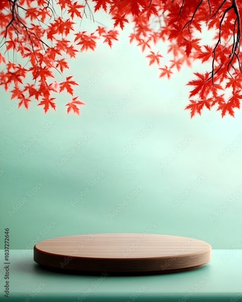 Poster Wooden podium on a table with red maple leaves hanging in the background set against a mint gradient background featuring warm tones using product photography techniques