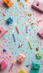 Birthday party supplies with gifts and confetti.