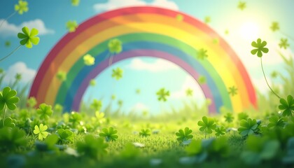 Fototapeta premium Colorful rainbow over green clover field with bright blue sky for joyful atmosphere