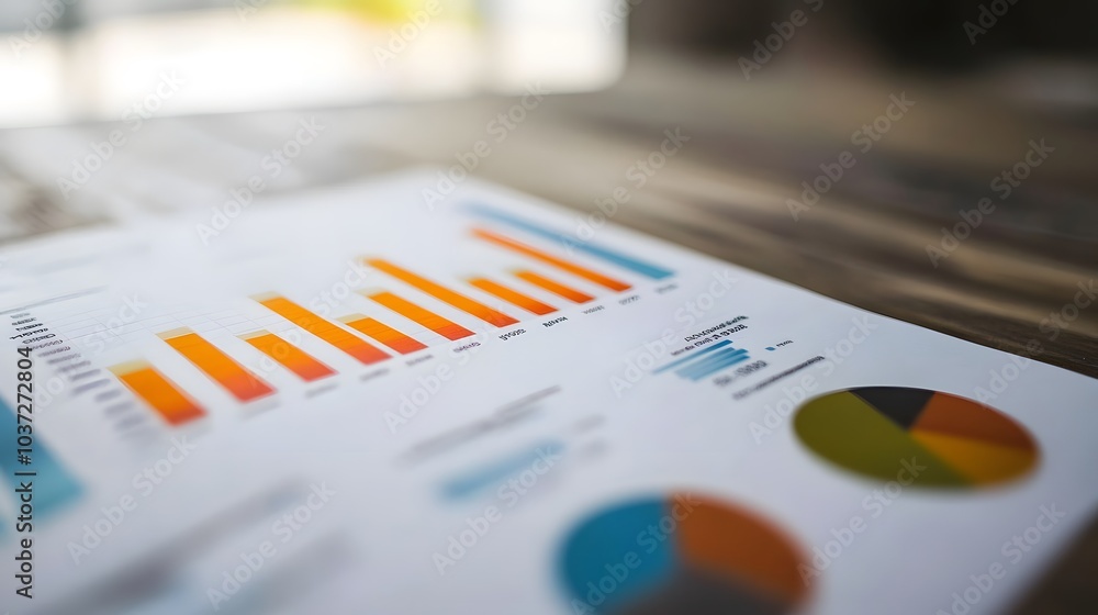 Poster A colorful infographic displaying various statistics with bar and pie charts, resting on a wooden surface.