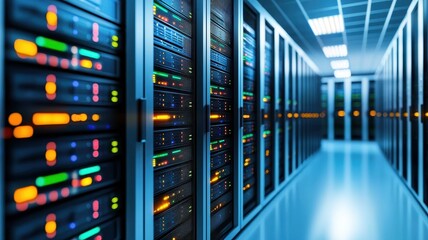 Data center with illuminated server racks and cables, high-tech environment.