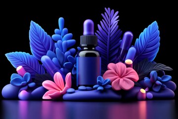 Herbal nutrition, illustrated in vibrant 3D style, with digital representations of fresh herbs, supplements, and glowing bottles of herbal tinctures