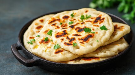 Freshly baked flatbread with cilantro on a cast iron skillet.