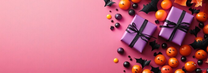 Minimalistic Halloween flat lay with purple gift boxes, orange and black candy, and bats on pink table. Copy space banner template.
