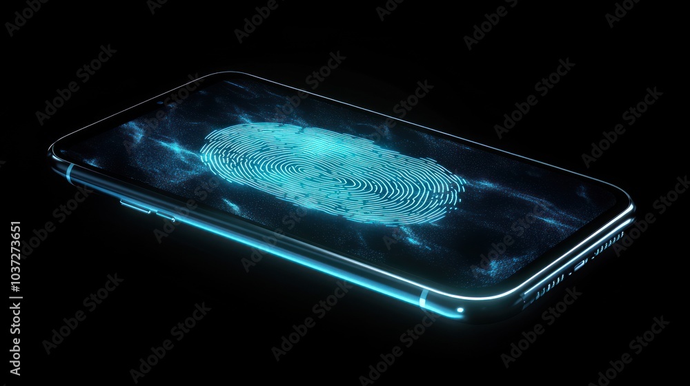 Poster a glowing smartphone displaying a digital fingerprint for biometric security.