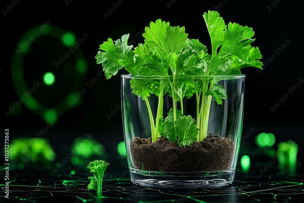 Poster herbal nutrition, visualized in a futuristic style with holographic displays showing the nutritional