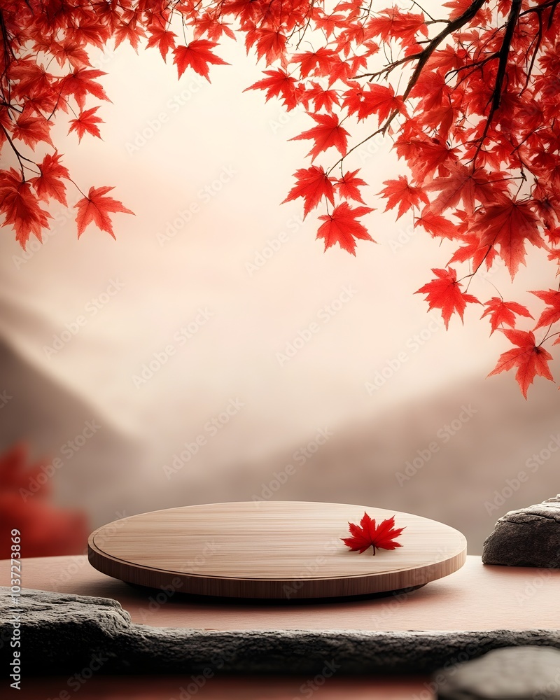 Poster elegant wooden round podium resting on table with vibrant red maple leaves in the background set aga