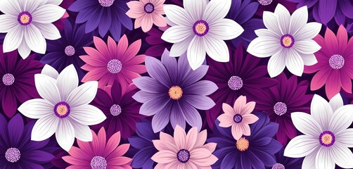 Fototapeta premium Vibrant floral pattern showcasing various flowers in purple and pink tones against a dark background