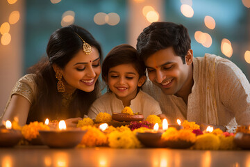 Indian family celebrating Diwali with diyas and flowers