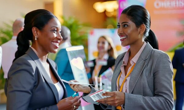 Two Businesswomen Talking at a Conference - Powered by Adobe