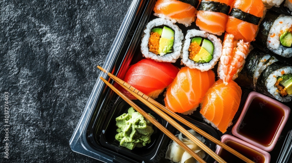 Aufkleber An enticing selection of sushi varieties is beautifully arranged on a platter, ready for serving at a gathering or event. Generative AI