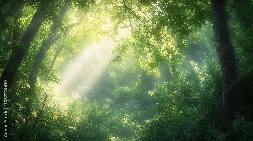 Poster serene forest with sunlight filtering through trees