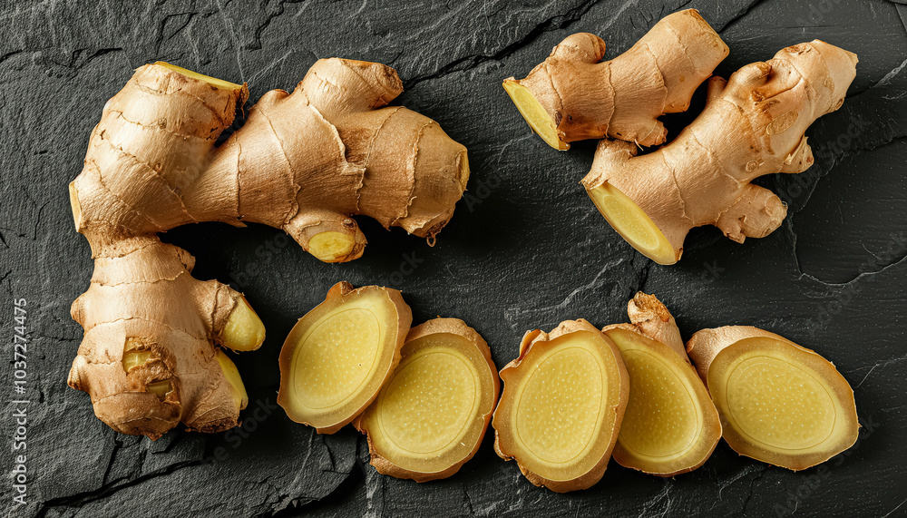 Poster bunch of ginger root and ginger slices are displayed on a dark surface. the ginger root is whole and