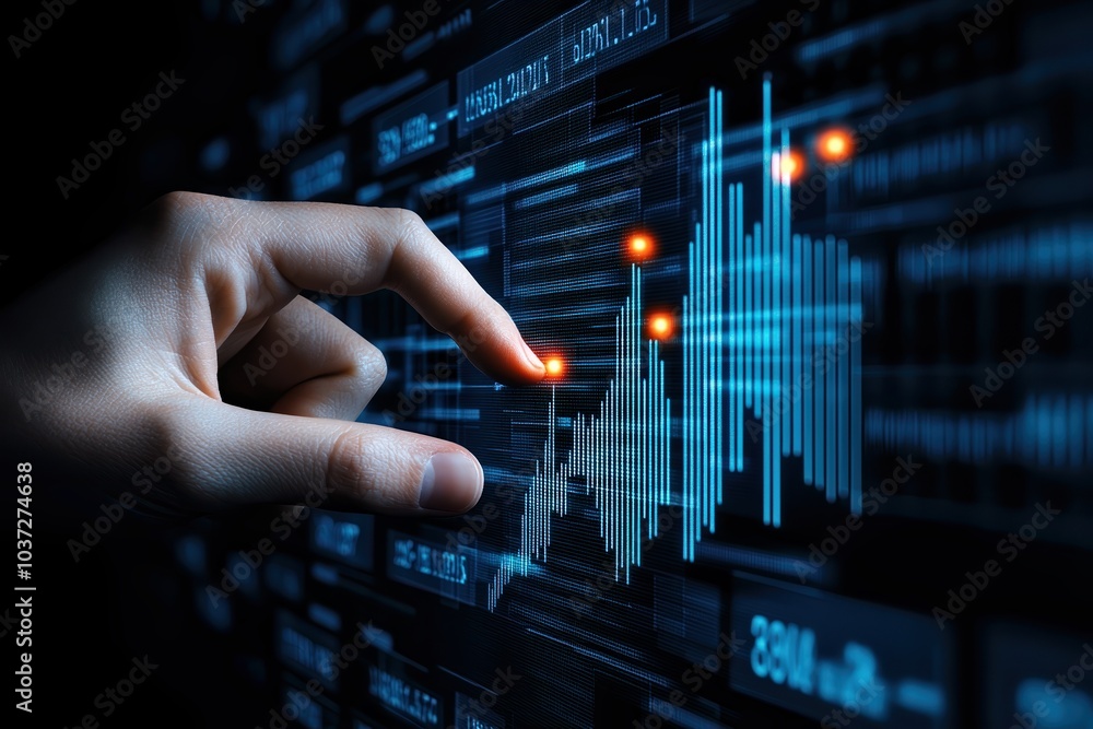 Poster hand pointing at digital financial graph on screen, data analysis concept.