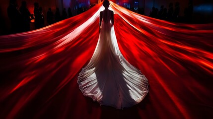 Bride walking toward the altar with her veil flowing behind her on a red carpet