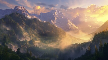 Majestic mountain range bathed in golden sunlight, showcasing natural beauty and a serene landscape