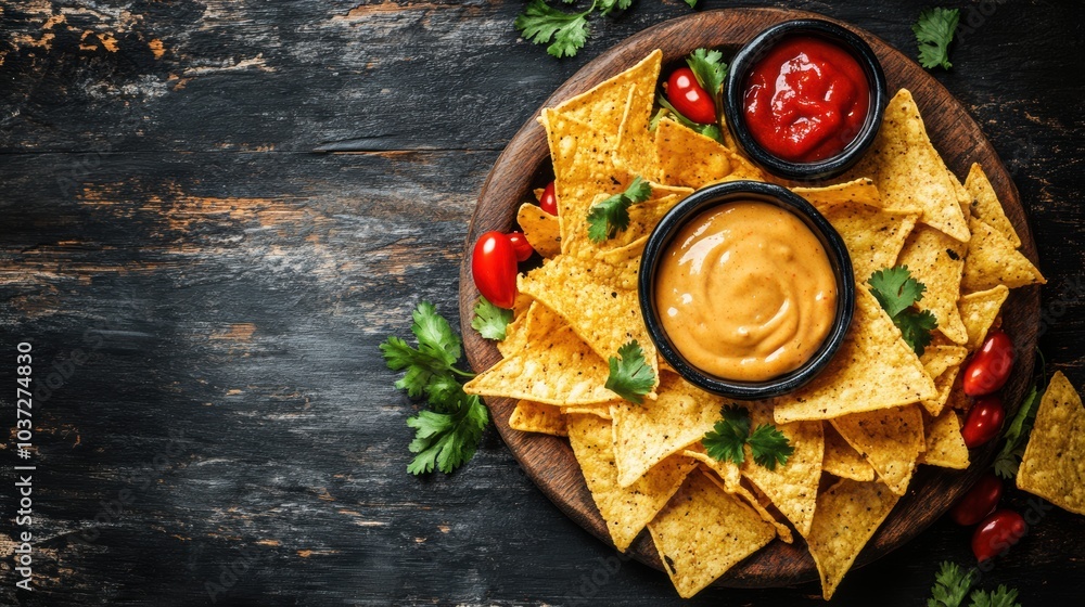 Poster Crispy corn chips are generously topped with warm cheese sauce and served with fresh salsa on a rustic wooden platter. Generative AI