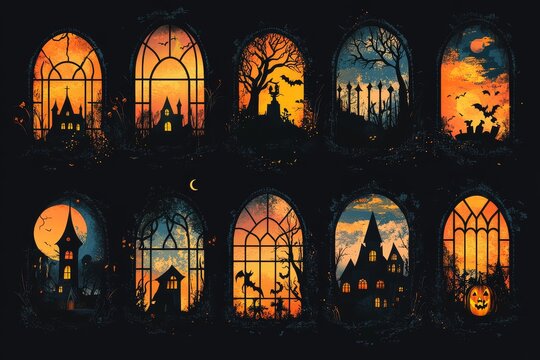 Vector set of Halloween-themed window frames with silhouettes, flat design on dark background. Cute characters and fantasy symbols for spooky decor.