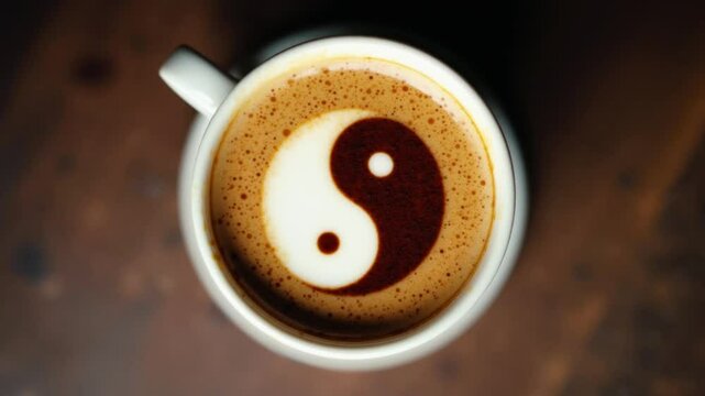 Overhead view of rotating cappuccino in mug. Expertly crafted yin-yang latte art showcases swirling contrast between white milk foam and dark espresso. Symbolic shot.
