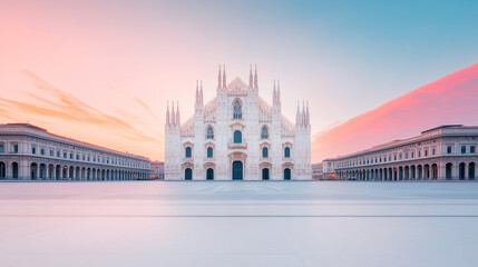 Naklejka premium A stunning view of a large white cathedral bathed in the soft light of dawn.