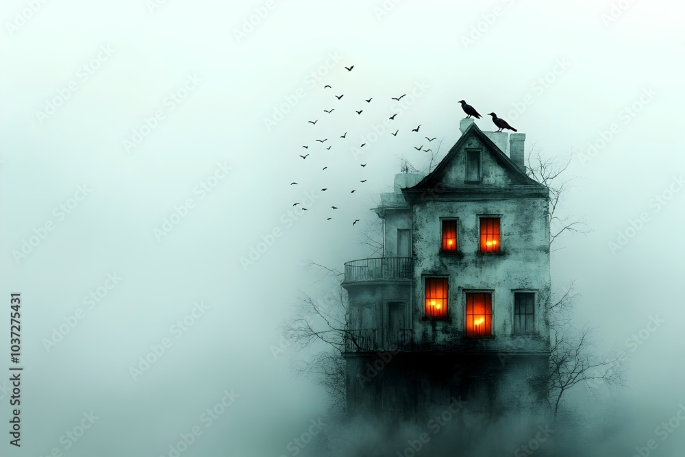 Poster dilapidated gothic mansion with flickering candles in the windows and ravens perched on the rooftop 