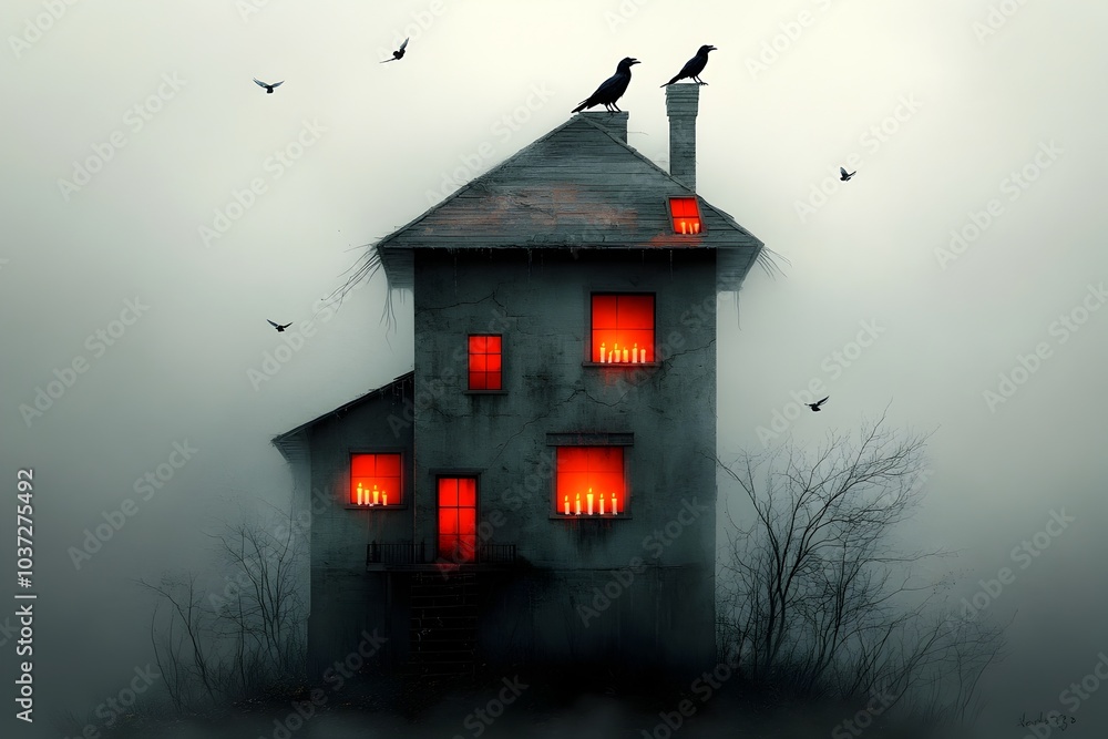 Poster dilapidated and ominous gothic mansion with flickering candles in the windows ravens perched on the 