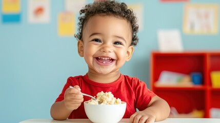 Happy toddler enjoying a bowl of food with a cheerful smile, in a colorful indoor setting.