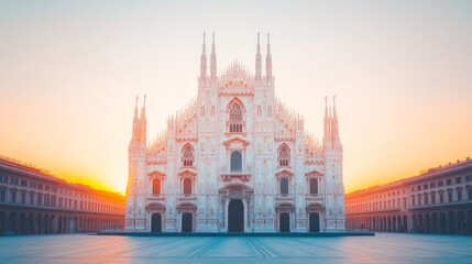 Naklejka premium A majestic cathedral bathed in the soft glow of sunrise.