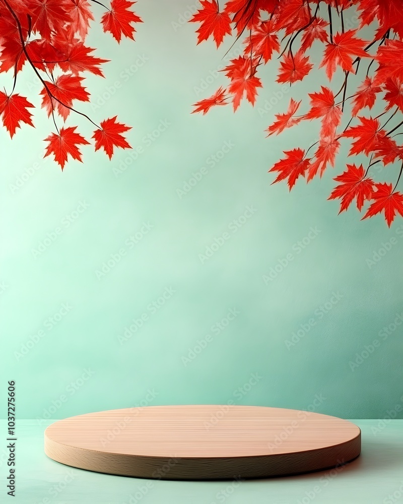 Poster elegant wooden round podium displayed on a table with vibrant red maple leaves hanging in the backgr
