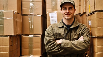 Smiling Worker in Warehouse Surrounded by Boxes