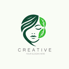 Girl Face with Leaf . Beauty Woman Face with Leaf vector logo design