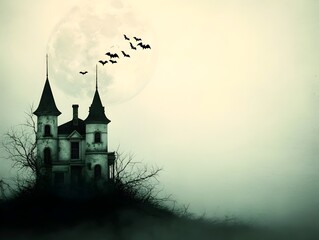 Fototapeta premium Haunting Victorian Mansion Shrouded in Ominous Shadows Under a Full Moon Twisted Turrets and Towers Flock of Bats Silhouetted Against the Nightsky Cobwebs Clinging to the Decaying Exterior
