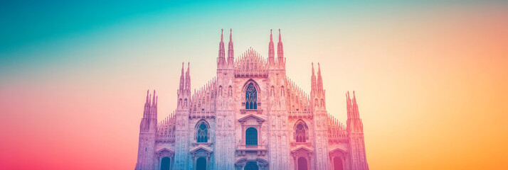 A majestic cathedral bathed in a soft, colorful sunset.