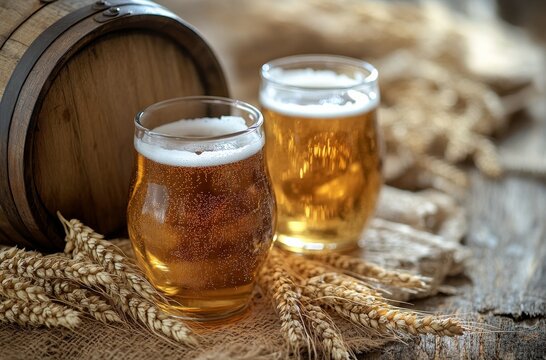 Craft beer served in glasses with barley next to a wooden barrel on a rustic table