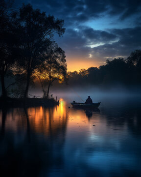 Lake fishing - A fisherman is boating on a lake in the woods